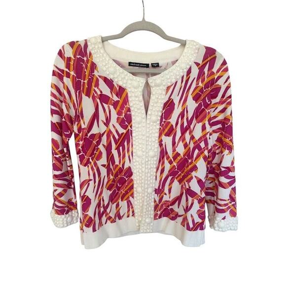 Michael Simon Beaded Pink White Cardigan Sweater Floral Beach Cruise Medium - Picture 1 of 9